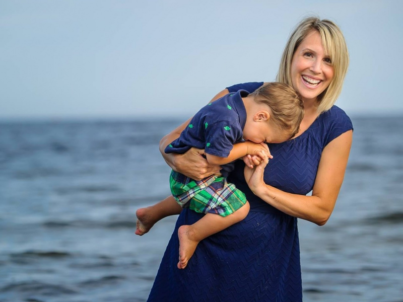 Shaina Falcone, Hubbards Streetscape committee member, laughing with son at the local beach.