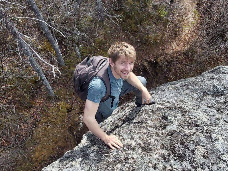 Tristan Cleveland, Hubbards Streetscape committee member, rock climbing.