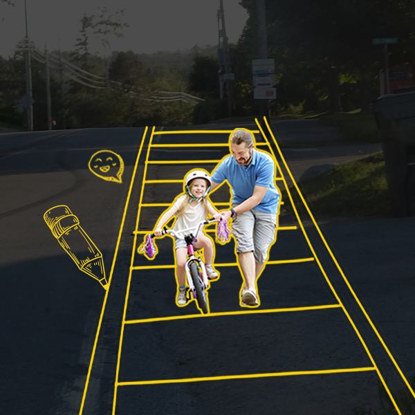 Father teaching daughter biking on the sidewalk