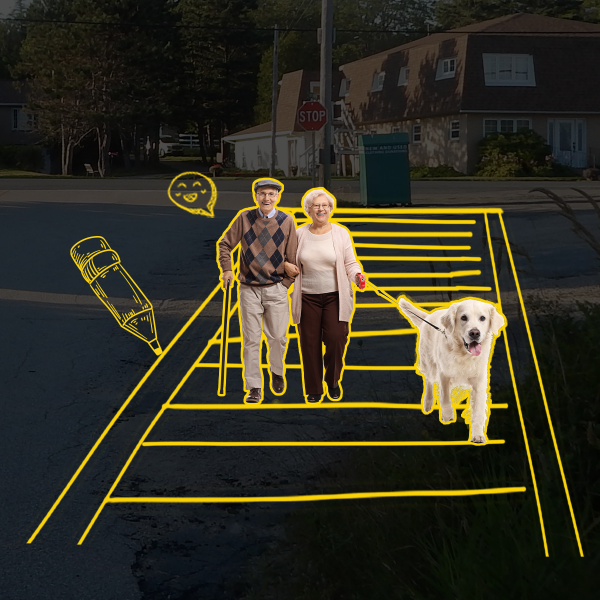  Happy old couple with a dog on the sidewalk